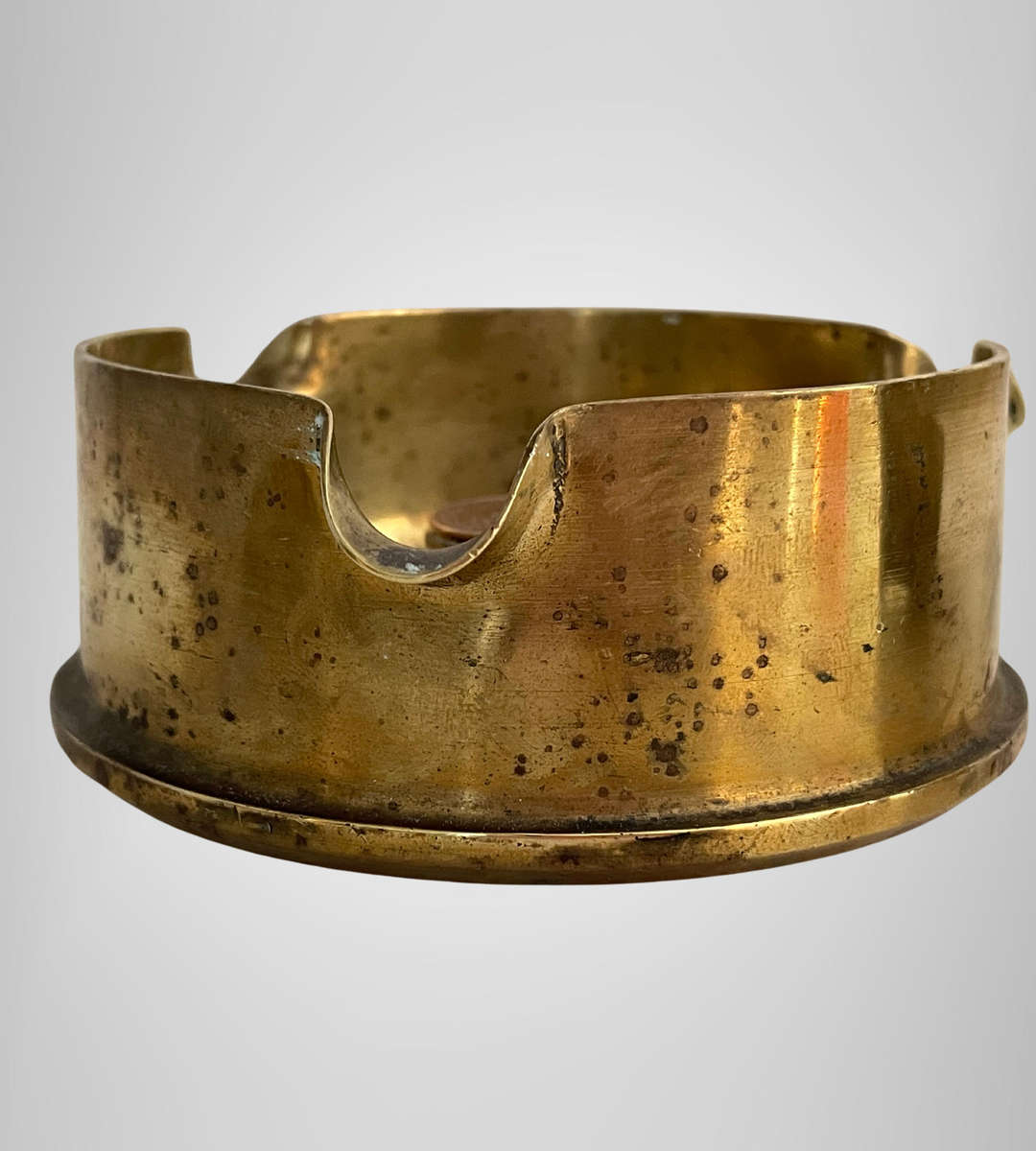 WWII South African Brass Trench Art Ashtray  1945 Shell Base with Half Penny Coin Insert  Rare Mil