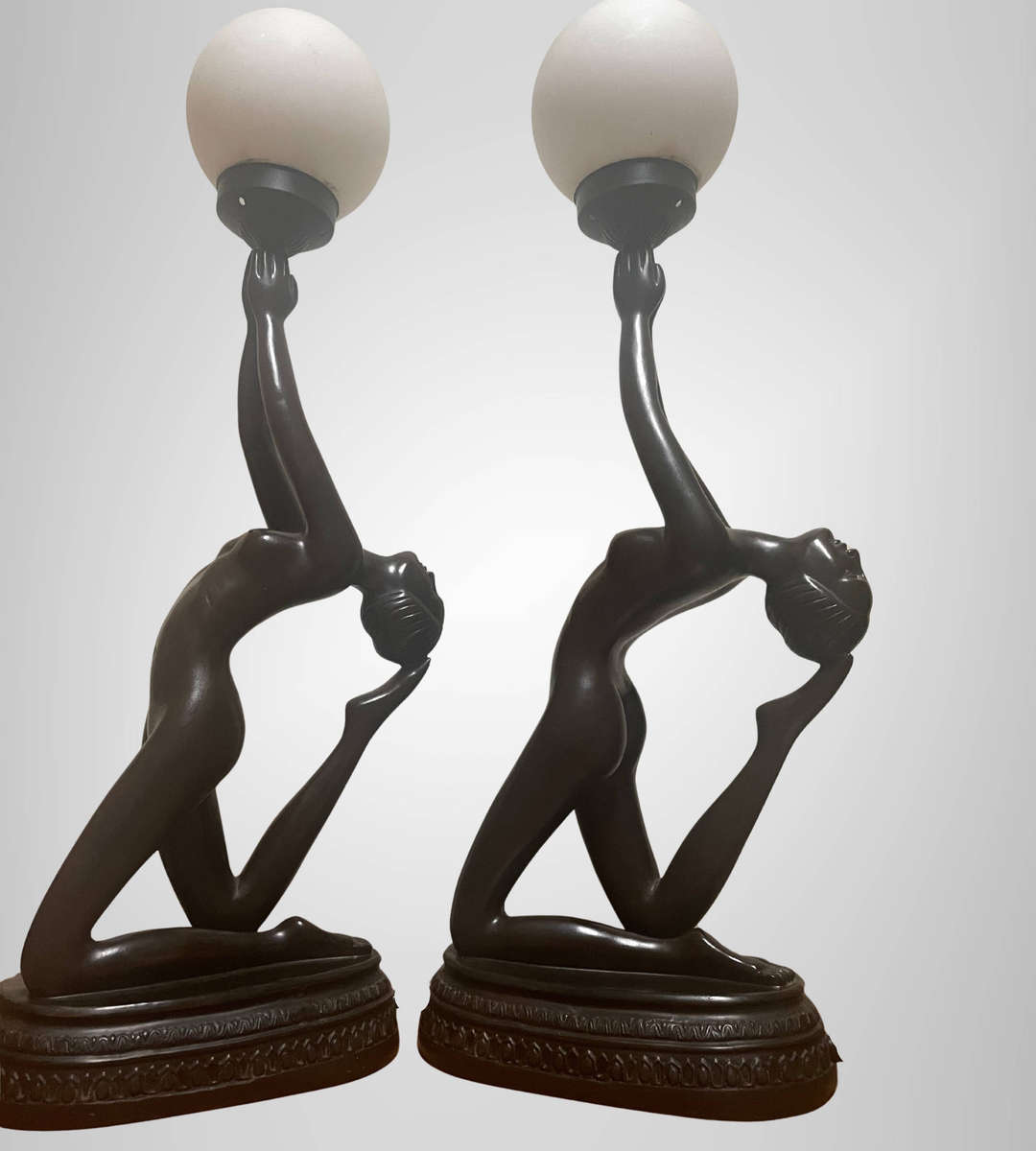 Rare 1970s Large Art Deco Style Nude Table Lamps  Matching Pair  75cm  Frosted Glass Shades