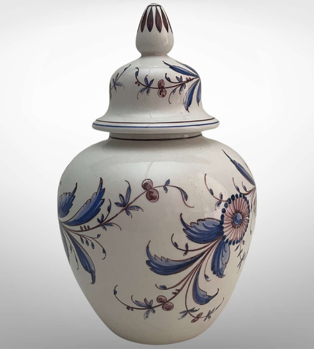Outeiro Agueda Hand-Painted Ginger Jar Vase - Floral Pattern, Portugal, 1980s, 27.5 cm - as is