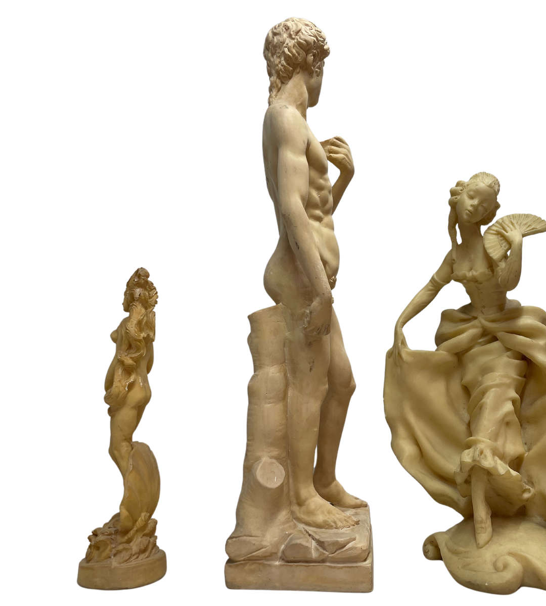 3pc Vintage Resin Sculpture Collection  Michelangelos David, Nude Goddess, and Rare Oriental Okimono