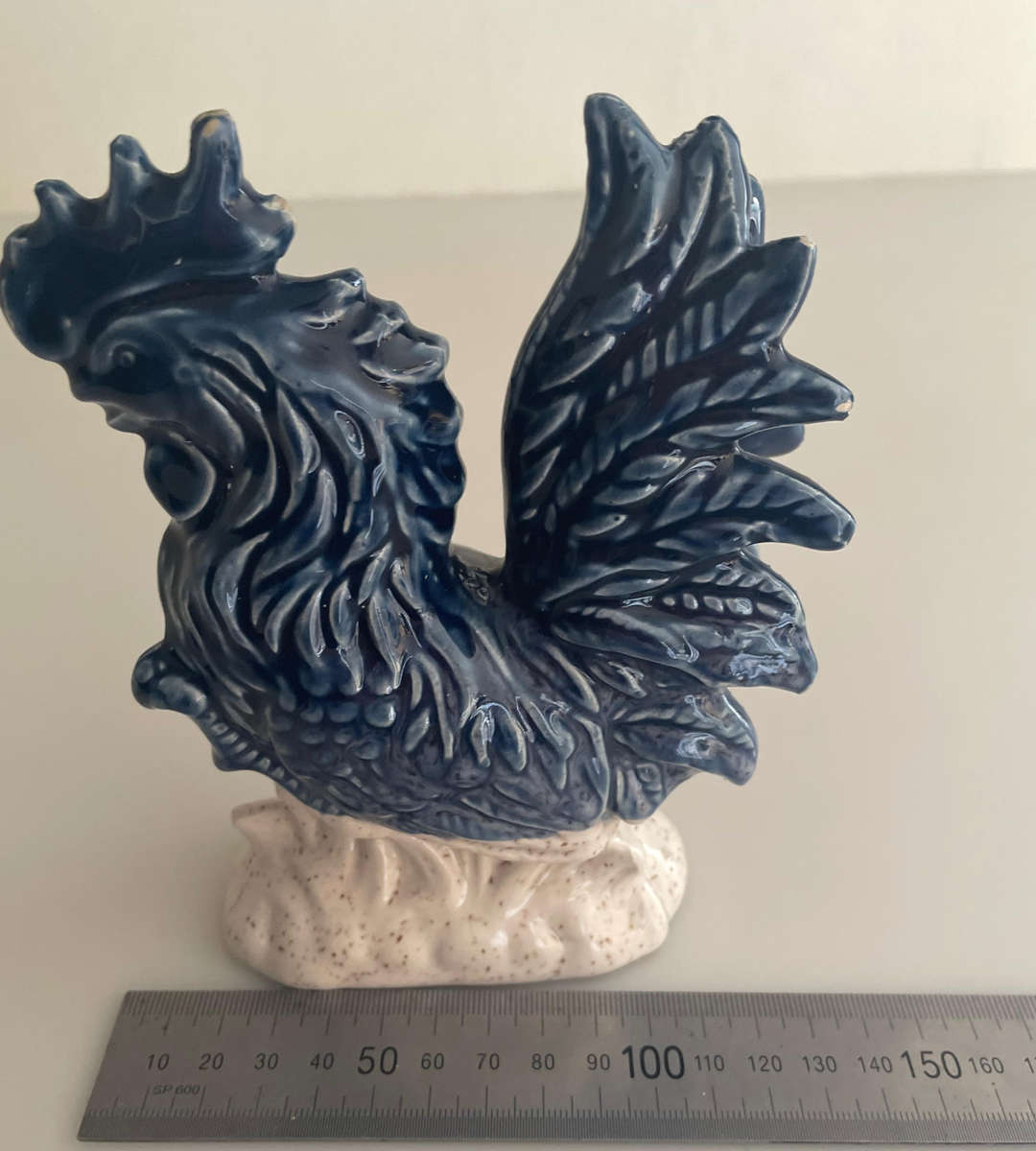Vintage 1960s Blue & White Ceramic Rooster Ornament  15cm High