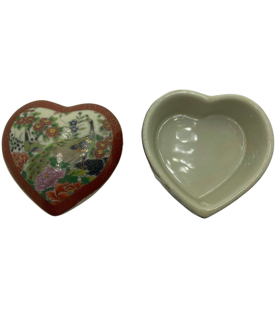 Vintage Satsuma Peacock Floral Heart-Shaped Trinket Box - Red/Green/Gold - Japanese Export