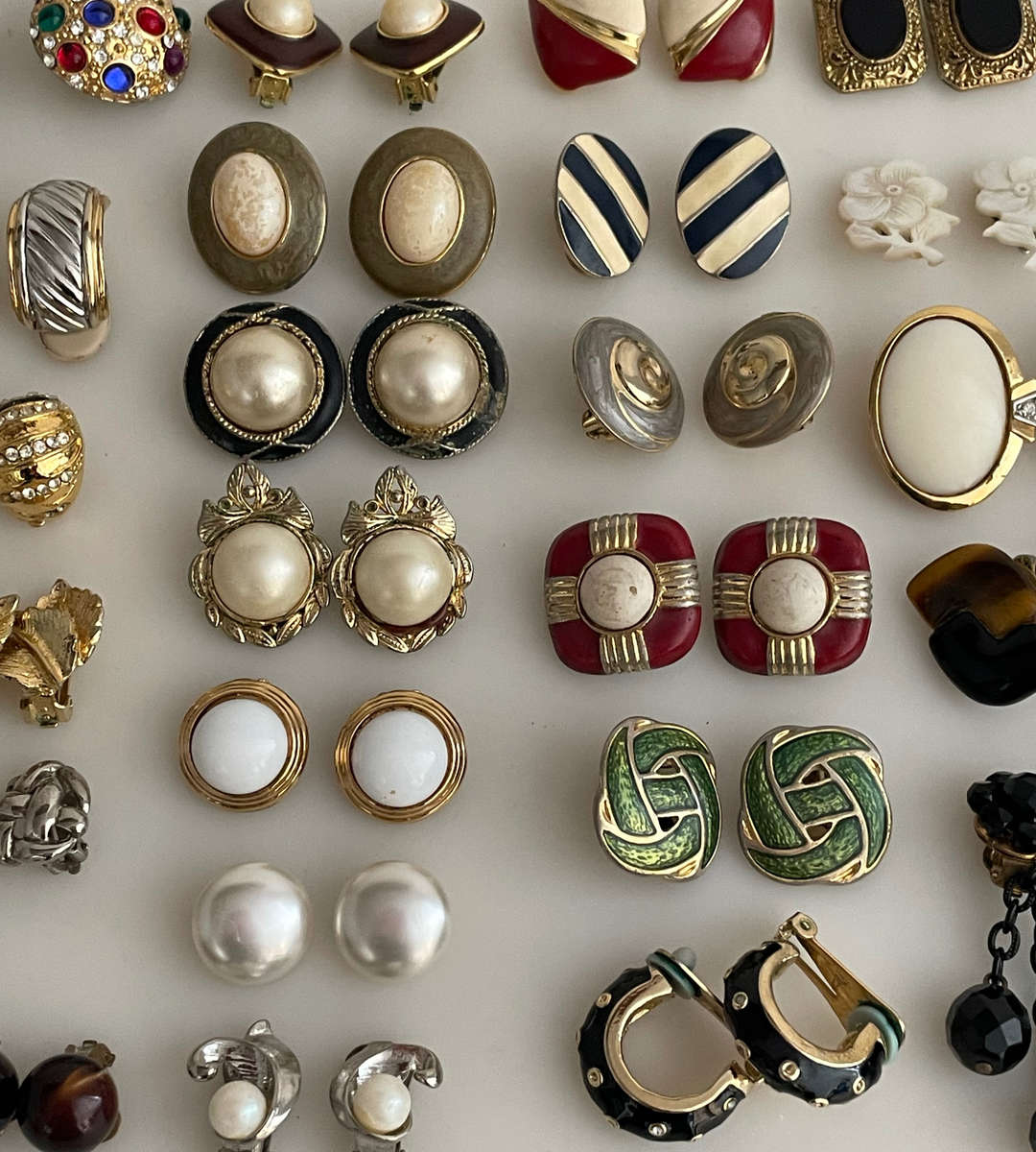 Reduced - Vintage Costume Jewelry Lot  64 Pairs Earrings + Pendants & Scarf Clip  Clip-ons, Studs