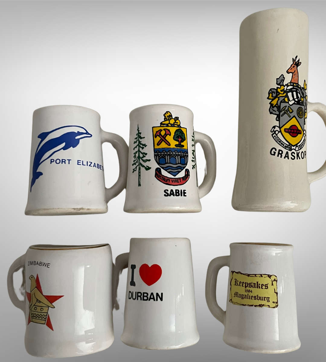 6-Piece Tiny Collectible Mugs & Glasses Lot | Port Elizabeth, Sabie Crest, Zimbabwe Tot-Sized