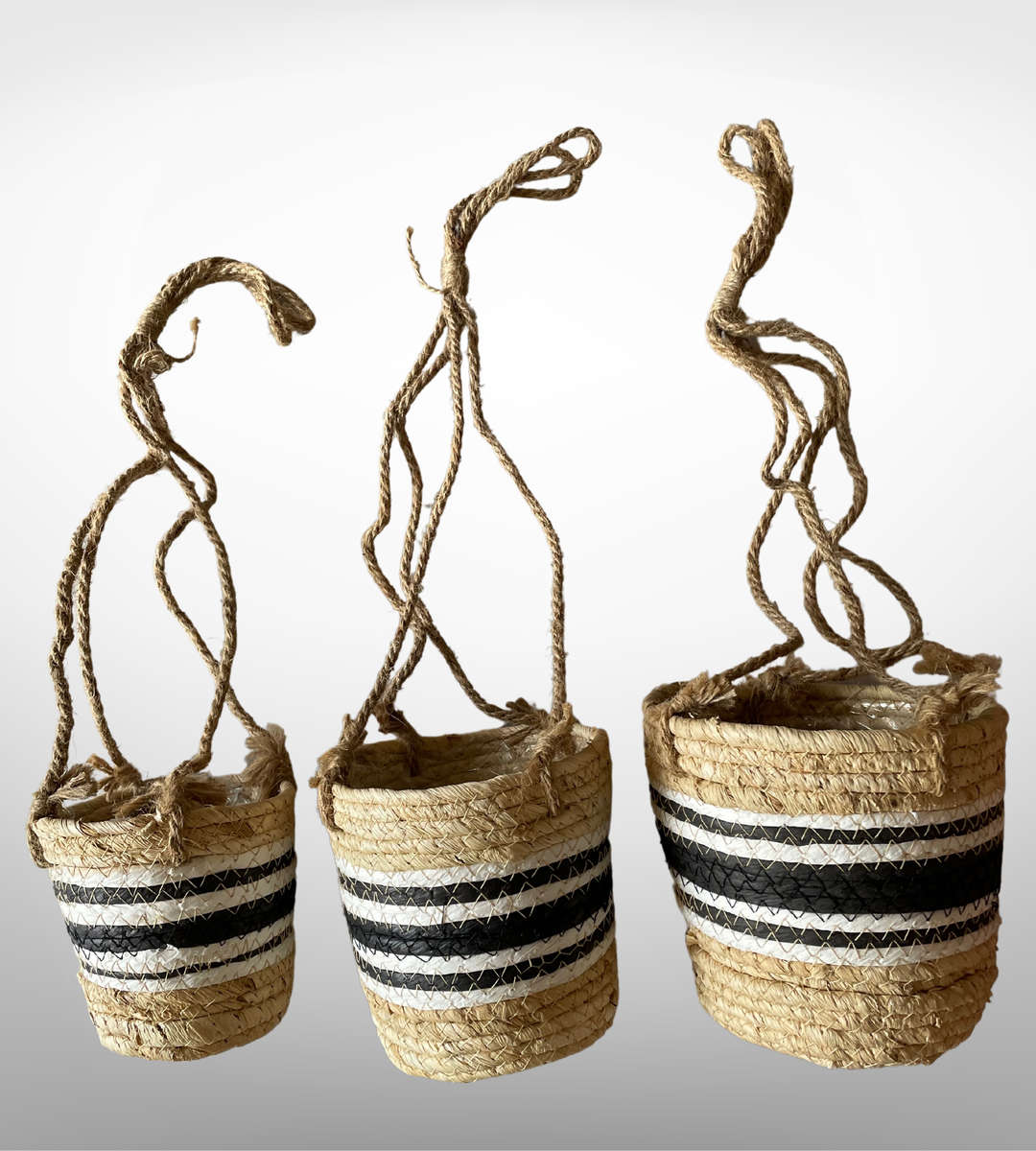 Rachel Hanging Basket Set - 9 Piece Hanging Planters (3 Sets of 3) - Natural with Black Accents