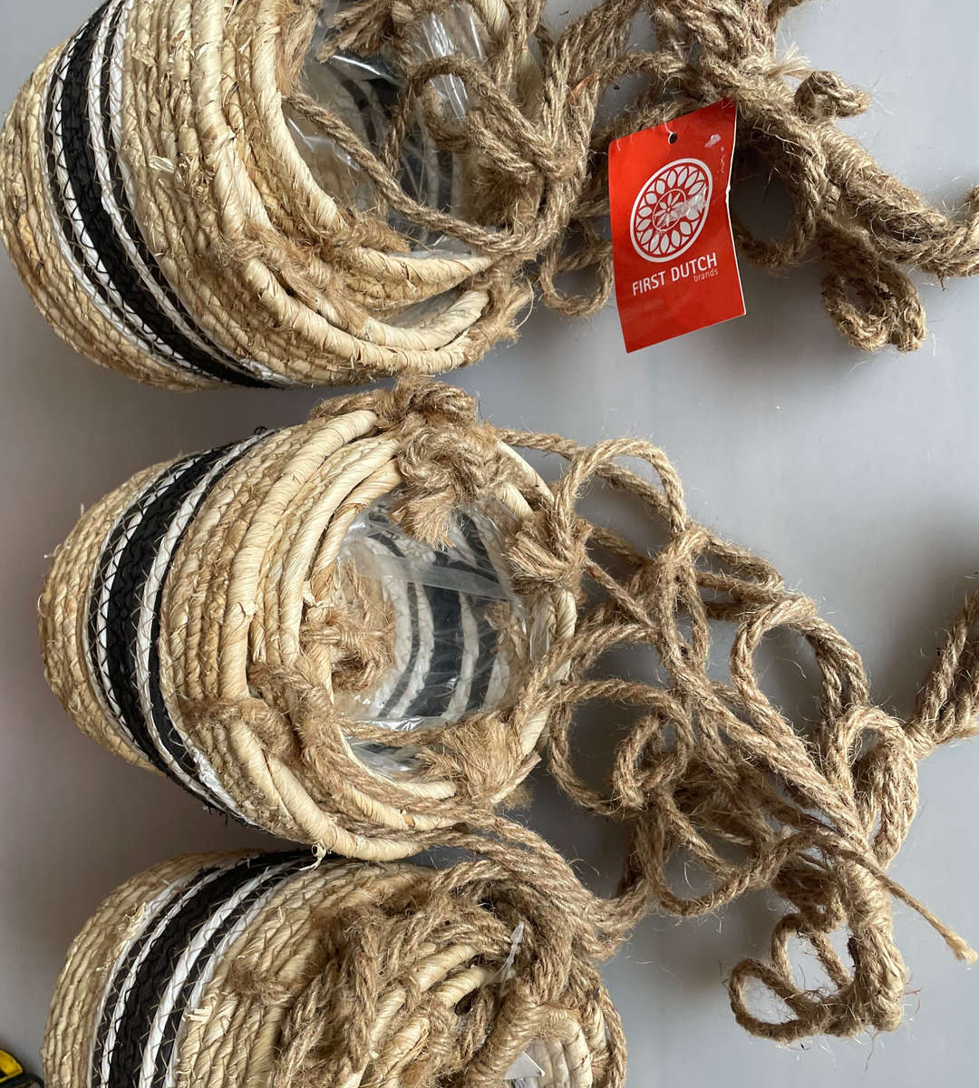 Rachel Hanging Basket Set - 9 Piece Hanging Planters (3 Sets of 3) - Natural with Black Accents