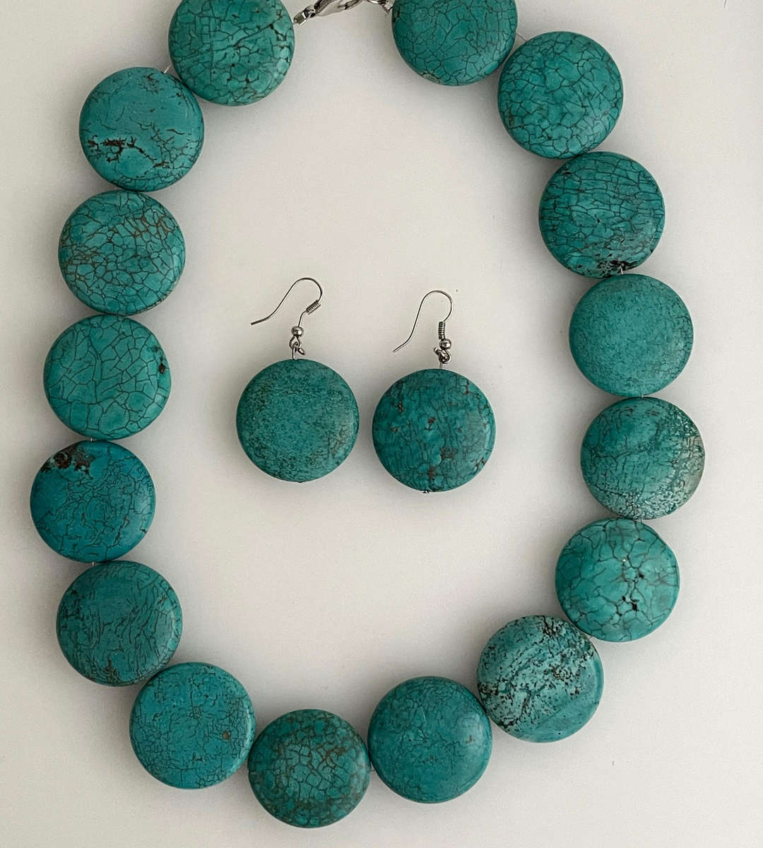 Chunky Turquoise Stone Flat Round Bead Necklace & Post Earrings Set  32mm Stones  Heavy Statement