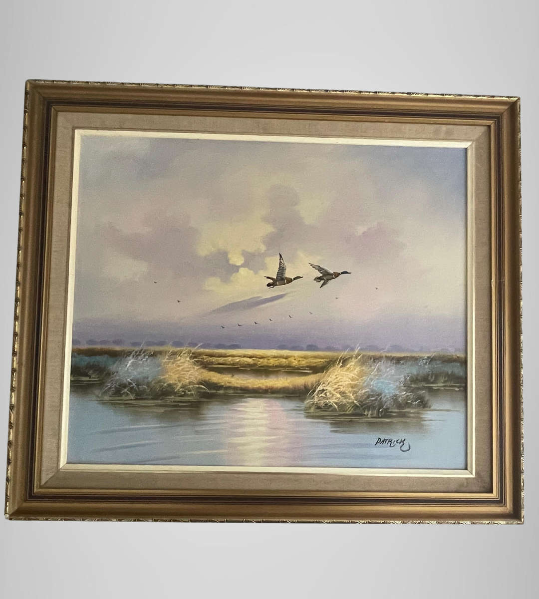 Signed Patrick  Ducks in Flight Over Marsh Grass  Original Vintage Painting  76x65.5cm