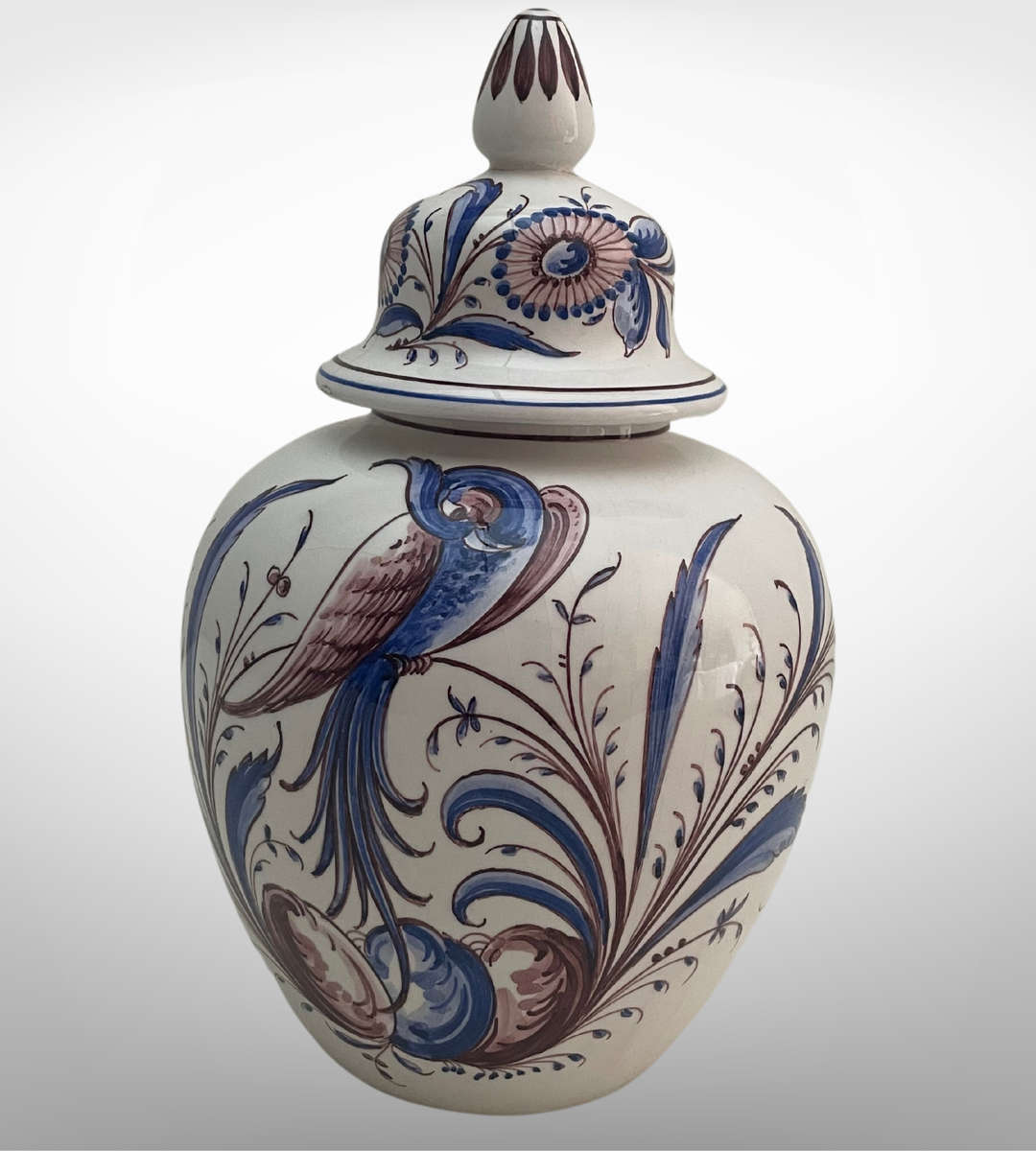 Outeiro Agueda Hand-Painted Ginger Jar Vase - Floral Pattern, Portugal, 1980s, 27.5 cm - as is