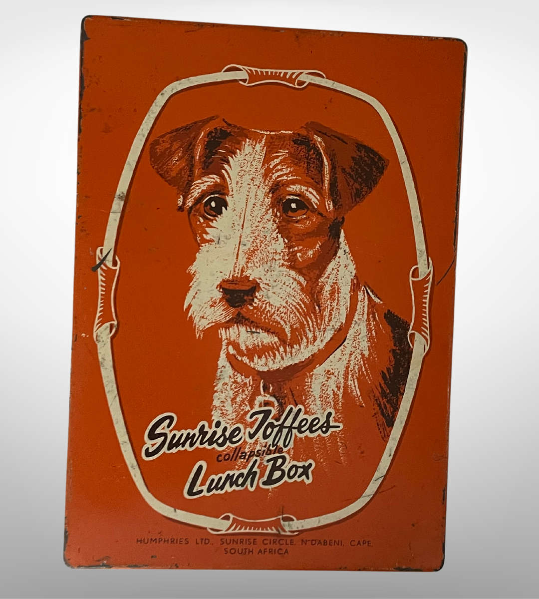 Super Rare Vintage Fox Terrier Sunrise Toffee Collapsible Tin Lunch Box Tin - 1940's