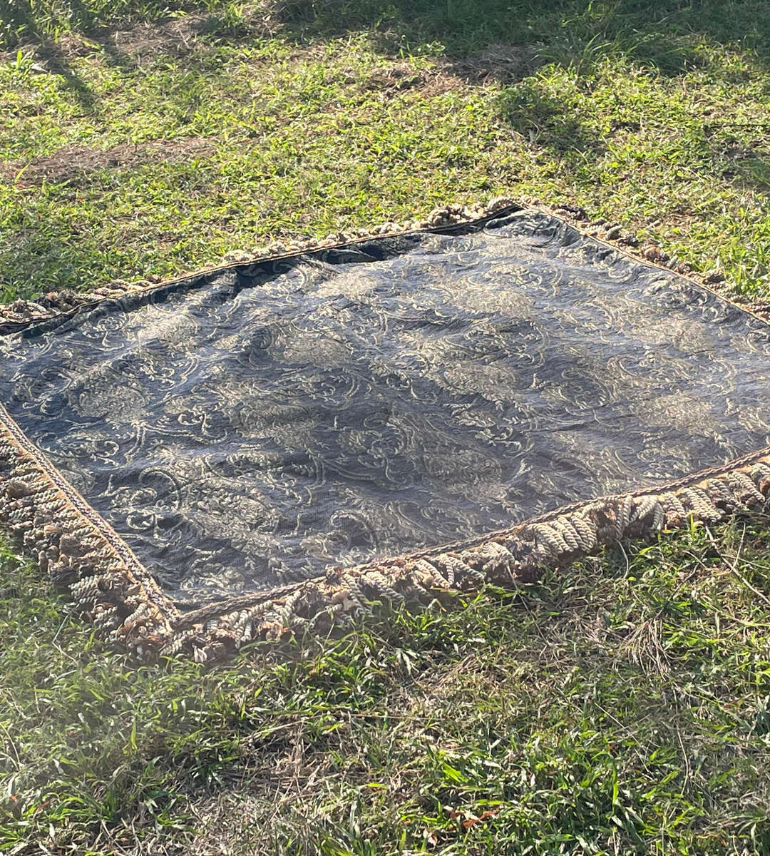 Heavy Traditional Indigo and Gold Upholstered Fabric with Velvet Suede Back and Double Rows of Tasse
