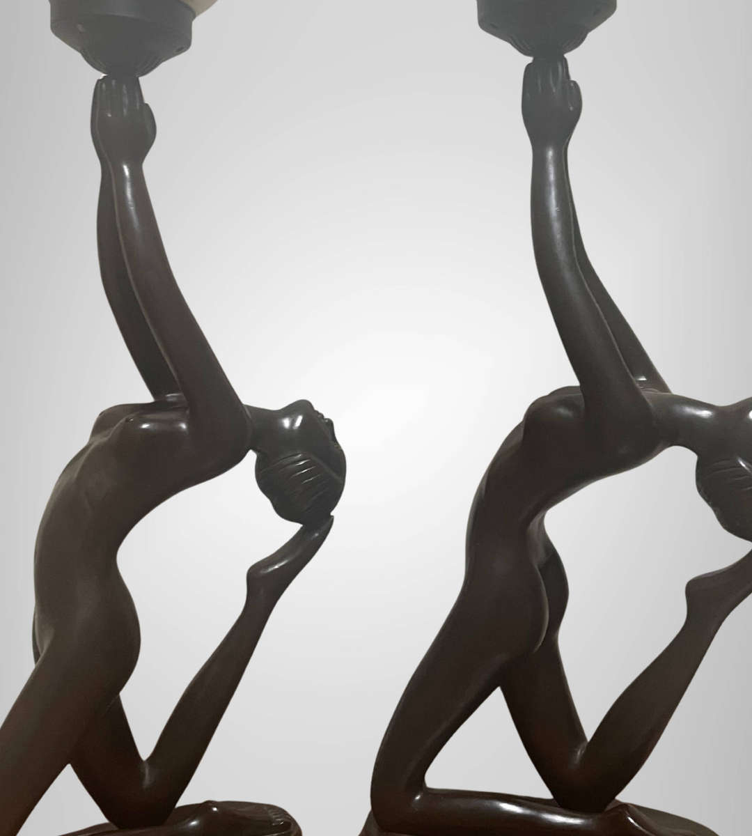 Rare 1970s Large Art Deco Style Nude Table Lamps  Matching Pair  75cm  Frosted Glass Shades