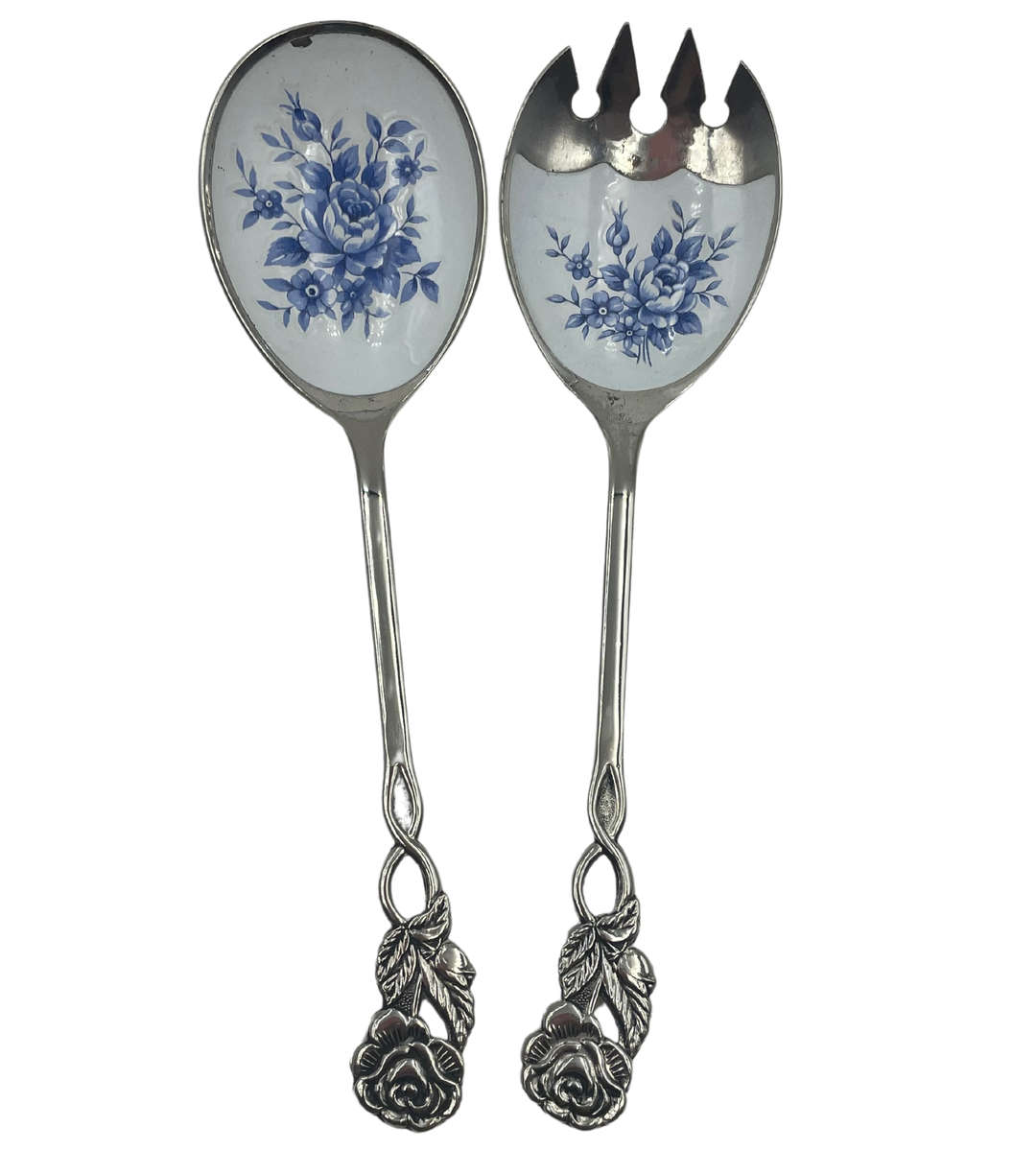 Vintage Salad Serving Spoon Set with Blue and White Cloisonné Enamel Rose Design
