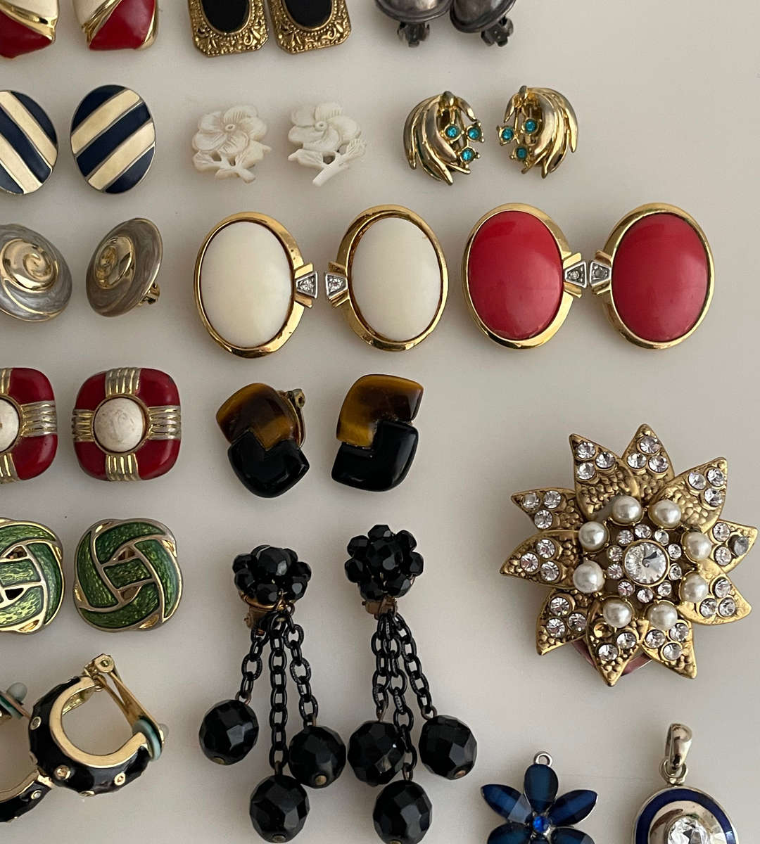 Reduced - Vintage Costume Jewelry Lot  64 Pairs Earrings + Pendants & Scarf Clip  Clip-ons, Studs