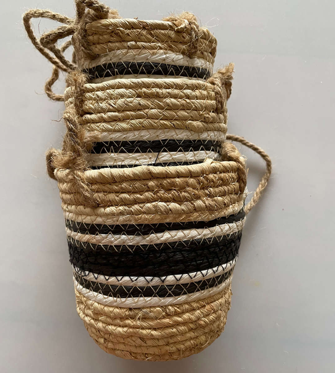 Rachel Hanging Basket Set - 9 Piece Hanging Planters (3 Sets of 3) - Natural with Black Accents