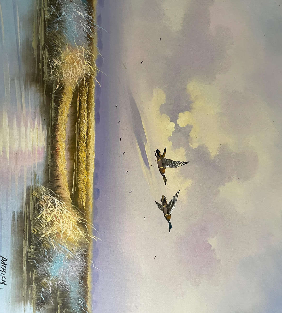 Signed Patrick  Ducks in Flight Over Marsh Grass  Original Vintage Painting  76x65.5cm