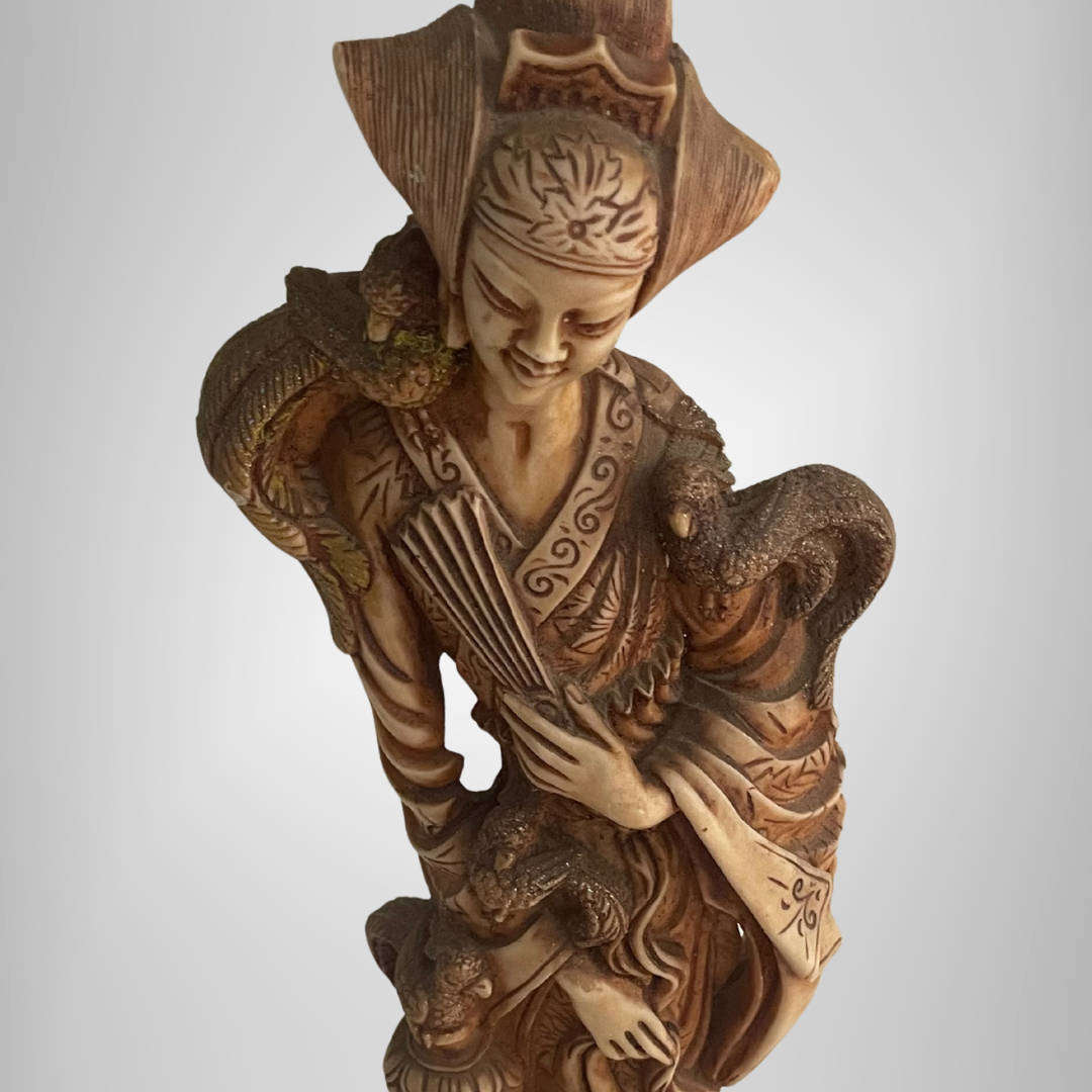 Large 39cm Vintage Oriental Carved Resin Lady with Phoenix