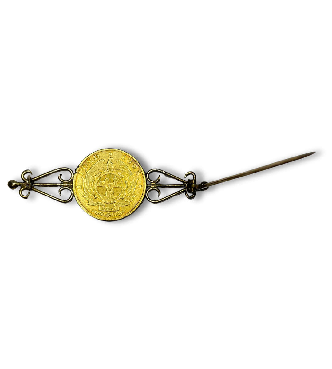 1895 South African Republic Paul Kruger 1 Pond Gold Coin Brooch  22ct Coin, 9ct Brooch  10.7g