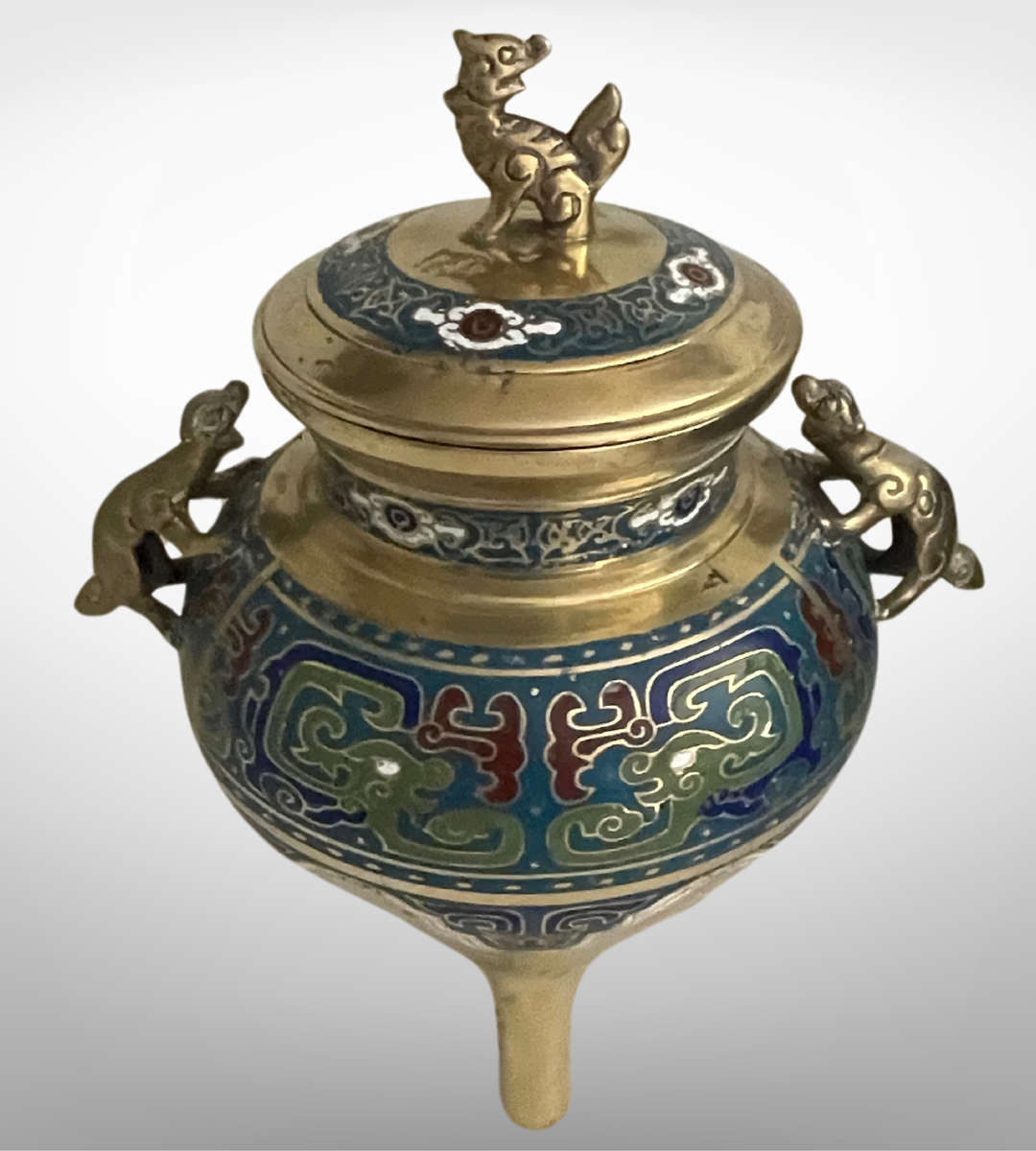 Antique Chinese Cloisonné Brass Tripod Censer with Foo Dog Finials  Qing Dynasty Reign Mark- Reduced