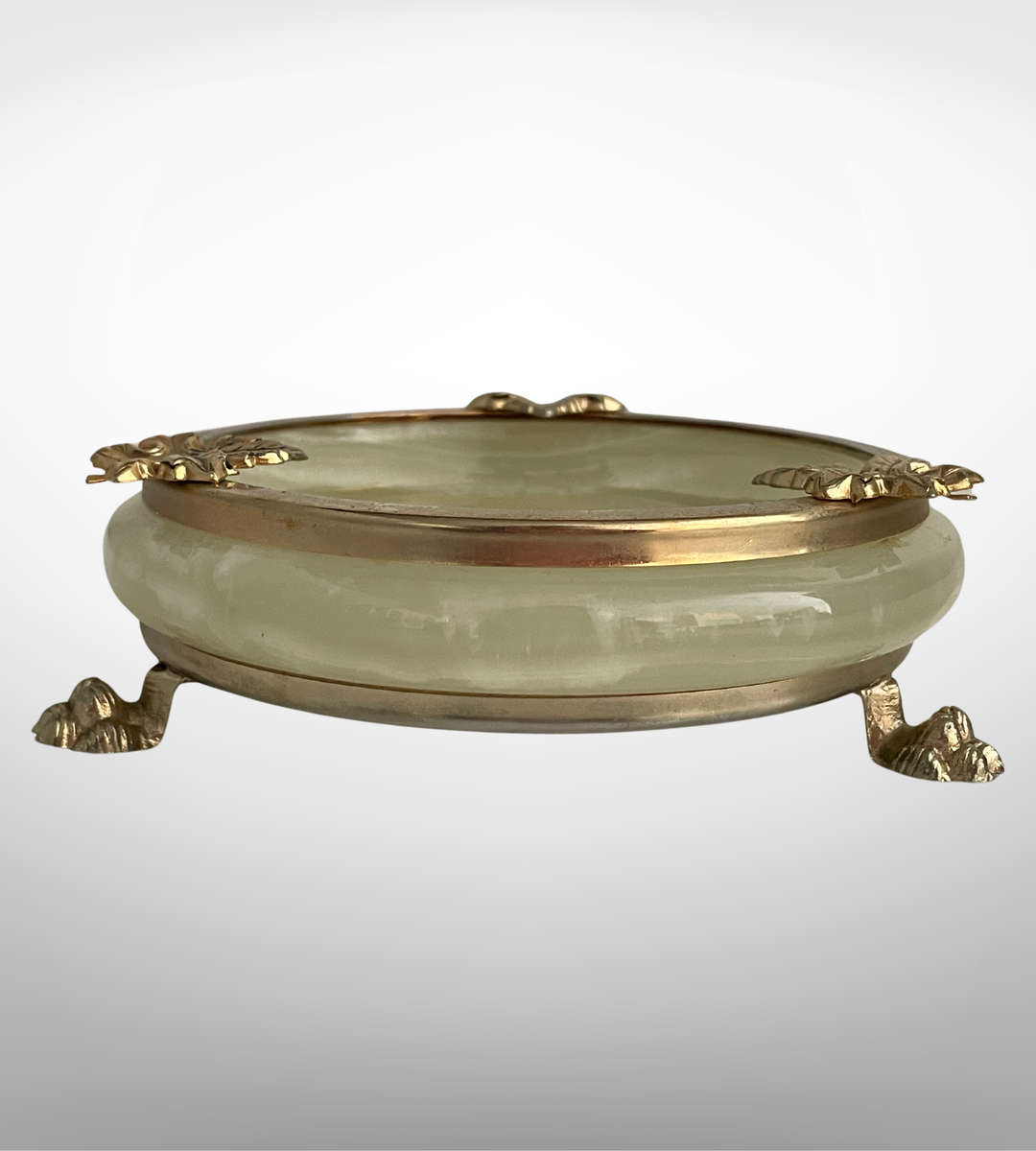 Vintage Green Onyx & Gold Plated Lion Footed Ashtray  Round Cigarette Rest/Trinket Holder, 14.5cm D