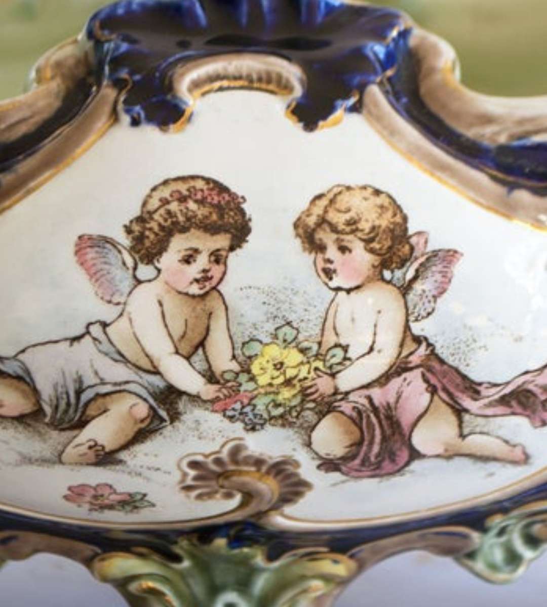 Reduced ! Rococo Majolica Jardiniere c.1934  Cobalt Blue & Turquoise Glaze, Cherubs & Swags Design