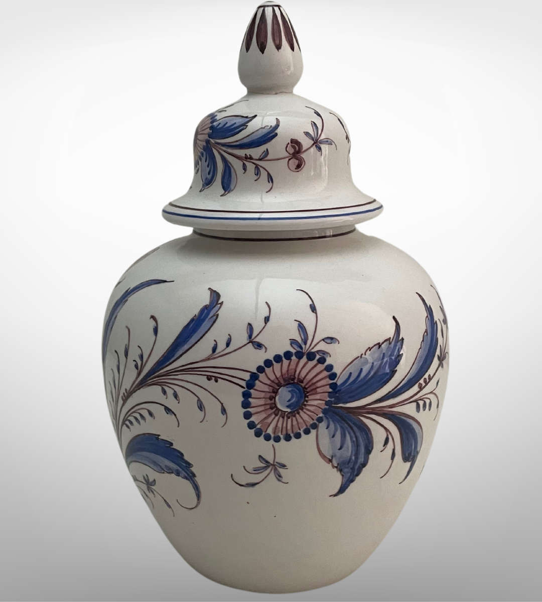 Outeiro Agueda Hand-Painted Ginger Jar Vase - Floral Pattern, Portugal, 1980s, 27.5 cm - as is