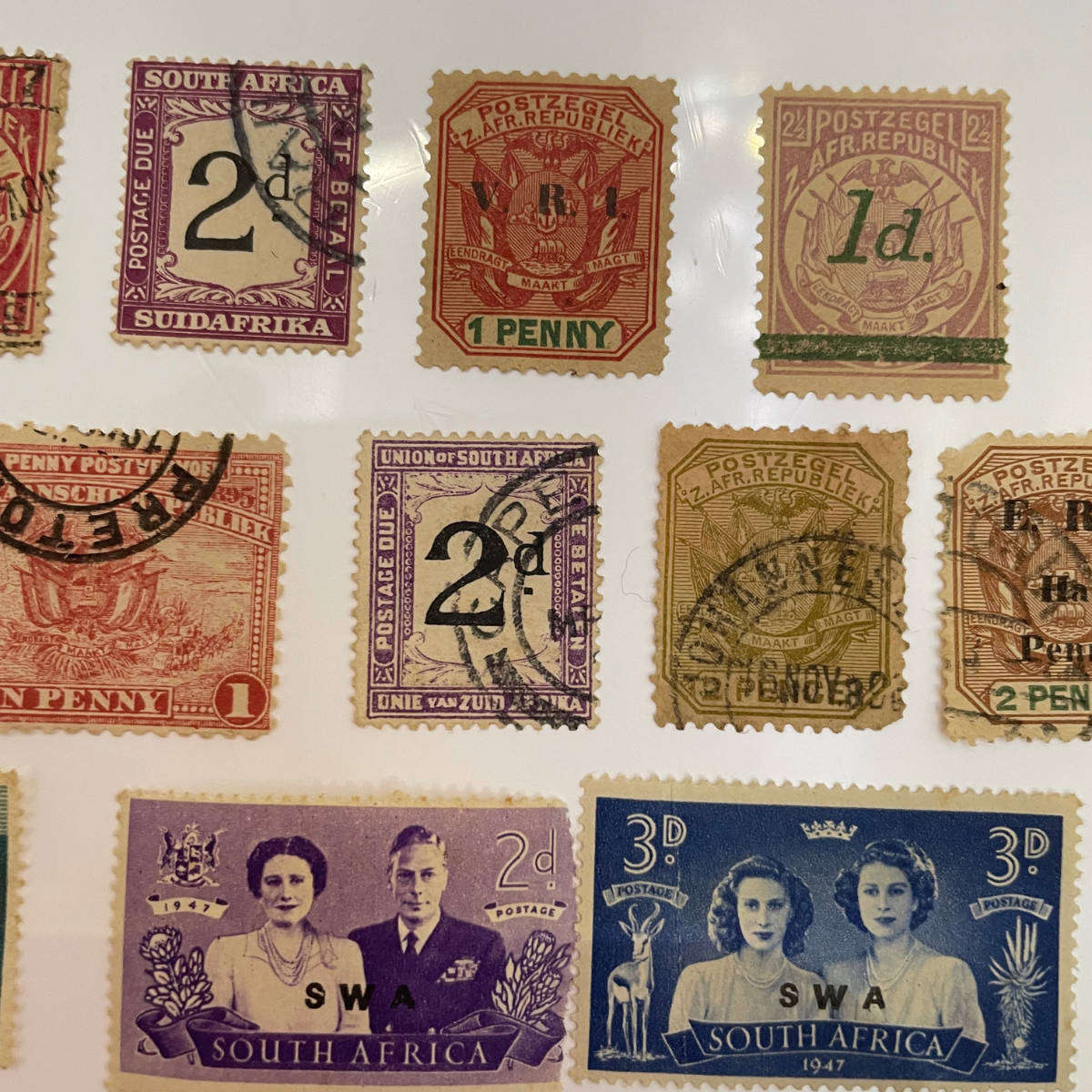 Lot of 14 Old South African & ZAR Stamps  SWA Overprints, Natal, ZAR Revenues, Postage Due