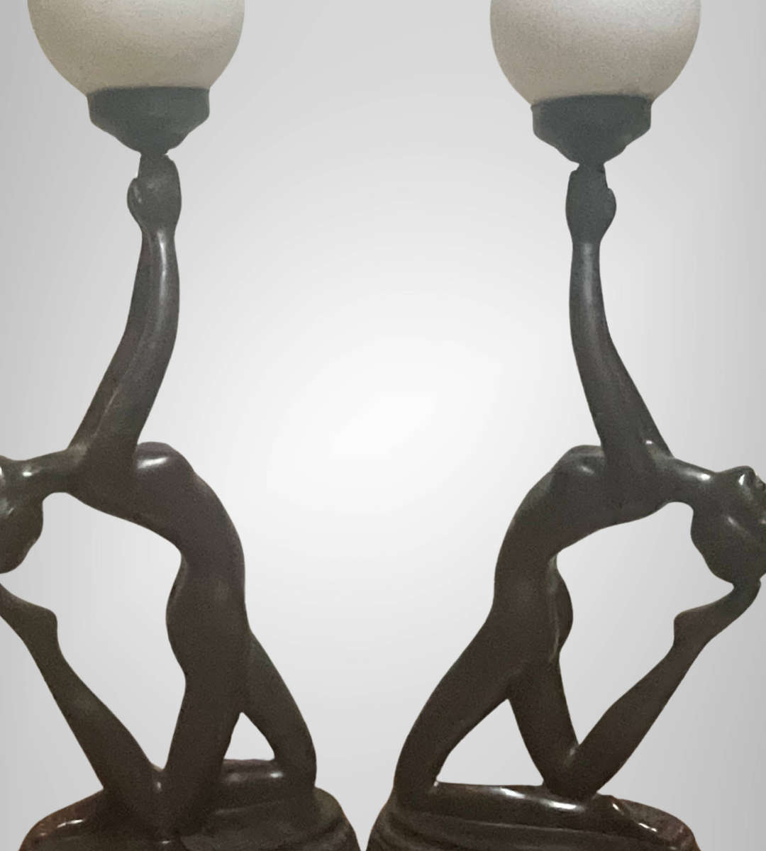 Rare 1970s Large Art Deco Style Nude Table Lamps  Matching Pair  75cm  Frosted Glass Shades