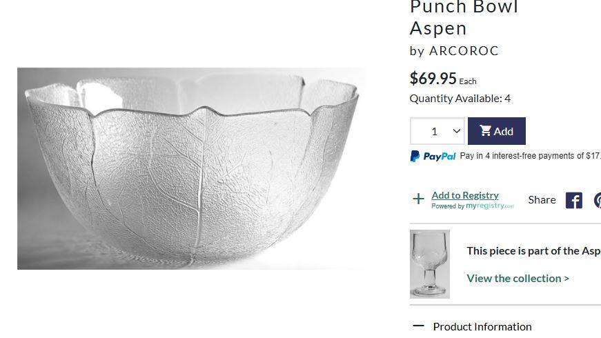 Aspen Large Punch Bowl Set by Arcoroc  Clear Pressed Glass