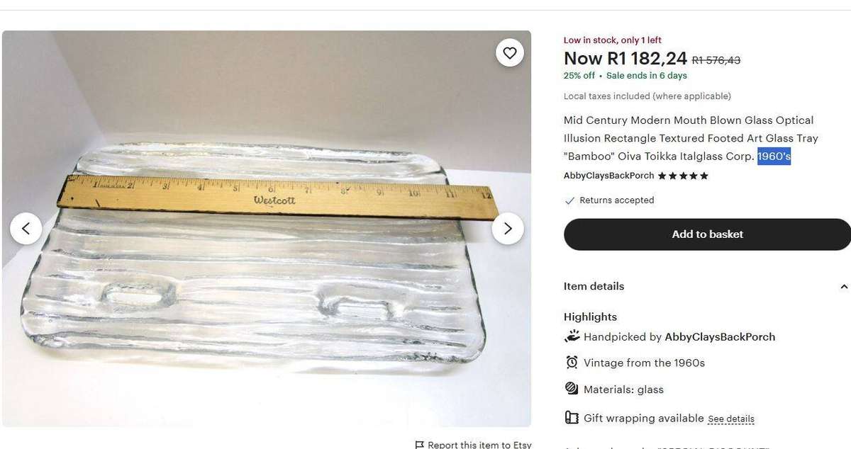 Mid-Century Modern Rectangular Footed Glass Tray  Vintage Bark/Ice Texture