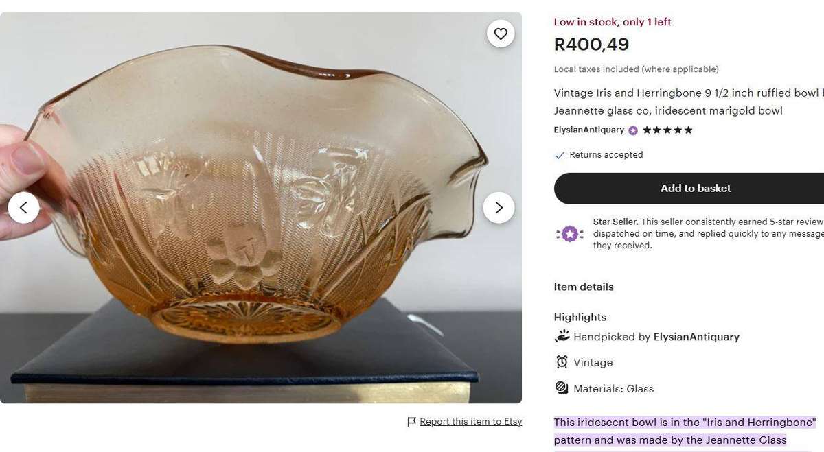 Jeannette Iris & Herringbone Iridescent 24cm Salad Bowl  Depression Glass, Ruffled Edge