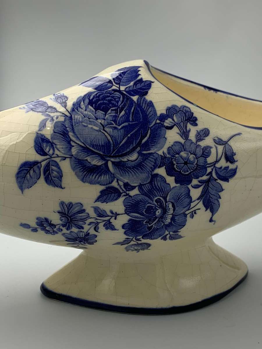 R1 Start - Antique Delft-Style Jardinière  Flow Blue Roses  Marked B467 - Chip on Footpiece
