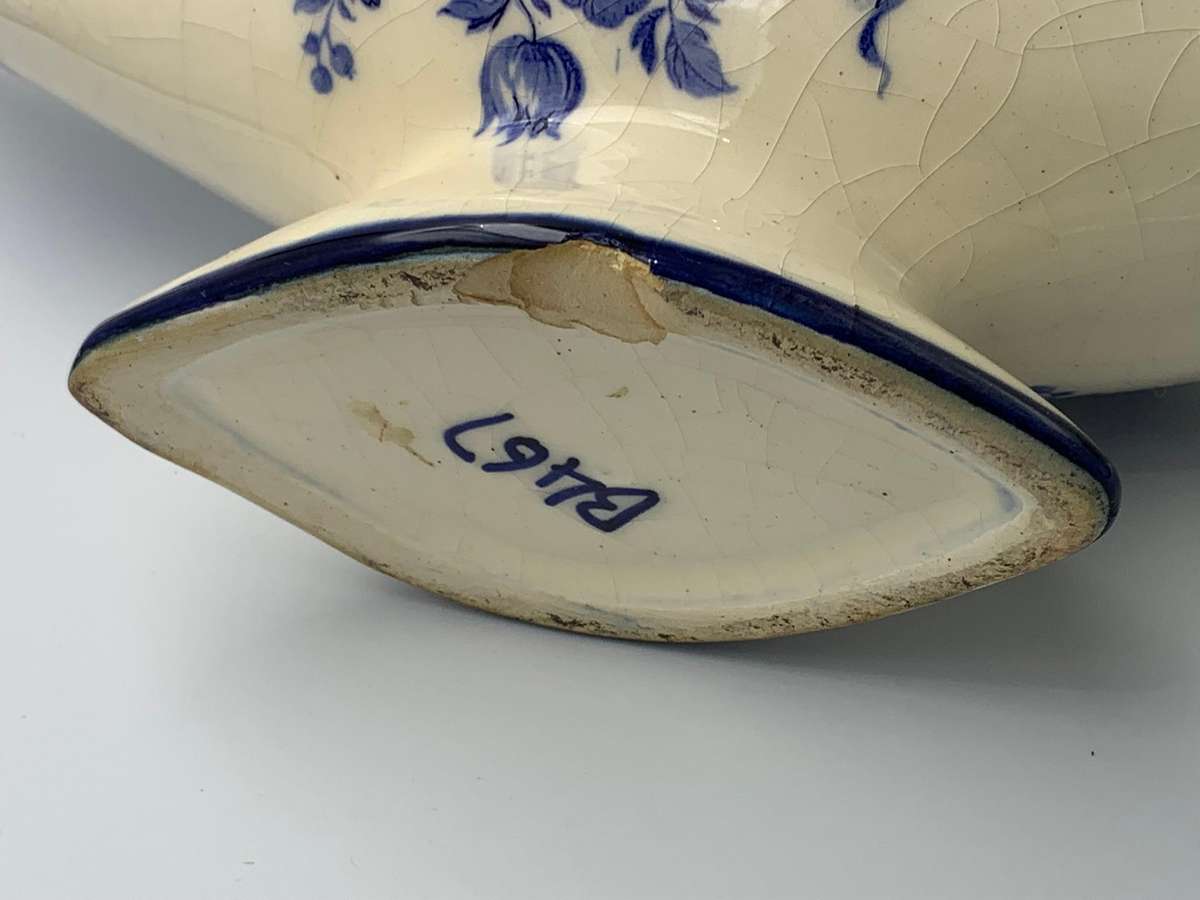 R1 Start - Antique Delft-Style Jardinière  Flow Blue Roses  Marked B467 - Chip on Footpiece
