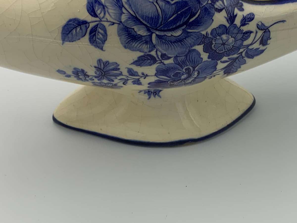 R1 Start - Antique Delft-Style Jardinière  Flow Blue Roses  Marked B467 - Chip on Footpiece