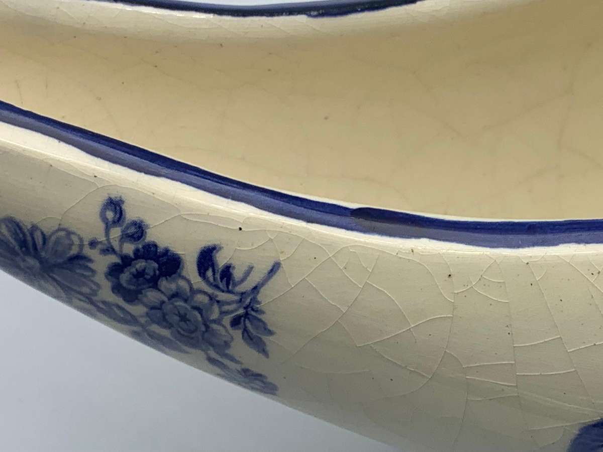 R1 Start - Antique Delft-Style Jardinière  Flow Blue Roses  Marked B467 - Chip on Footpiece