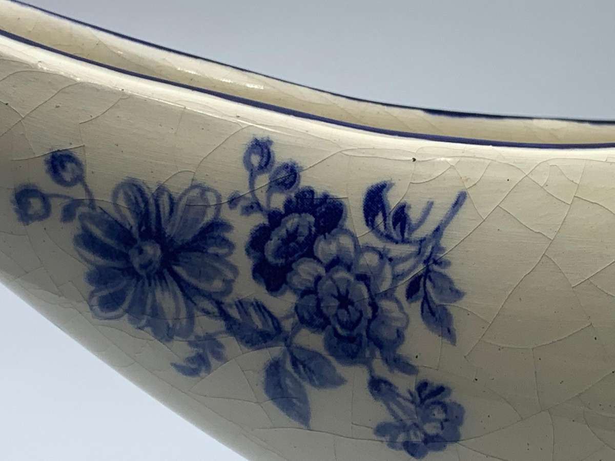 R1 Start - Antique Delft-Style Jardinière  Flow Blue Roses  Marked B467 - Chip on Footpiece