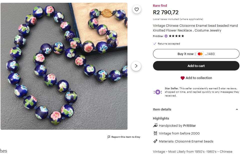 Vintage 1950s-1960s Chinese Cloisonné Jewelry Set  Blue Enamel Bead Necklace & Hinged Bangles