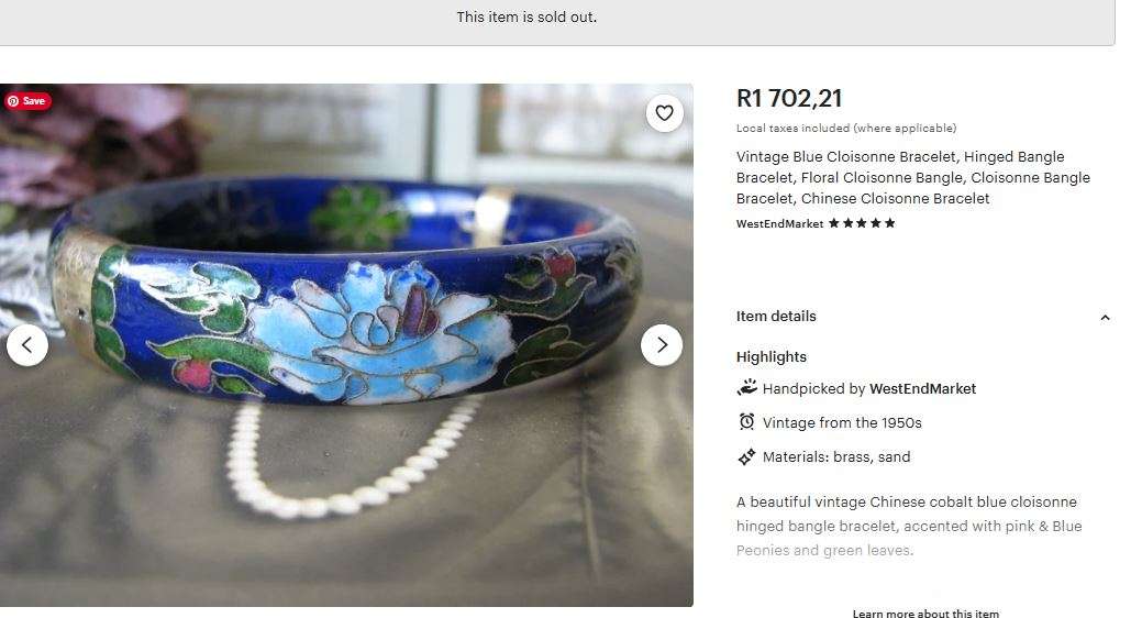 Vintage 1950s-1960s Chinese Cloisonné Jewelry Set  Blue Enamel Bead Necklace & Hinged Bangles