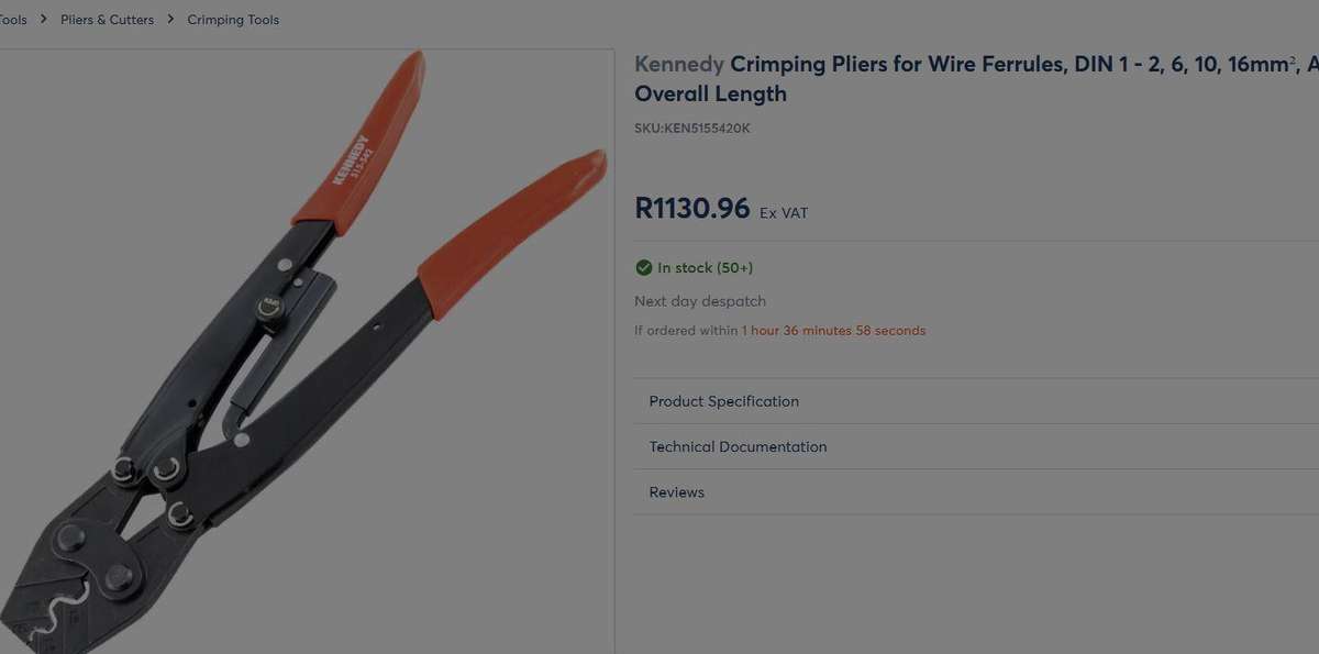 Kennedy Crimping Pliers for Wire Ferrules | DIN 1-16mm² | AWG 14-6 | 275mm Length | Pre-Owned Unused