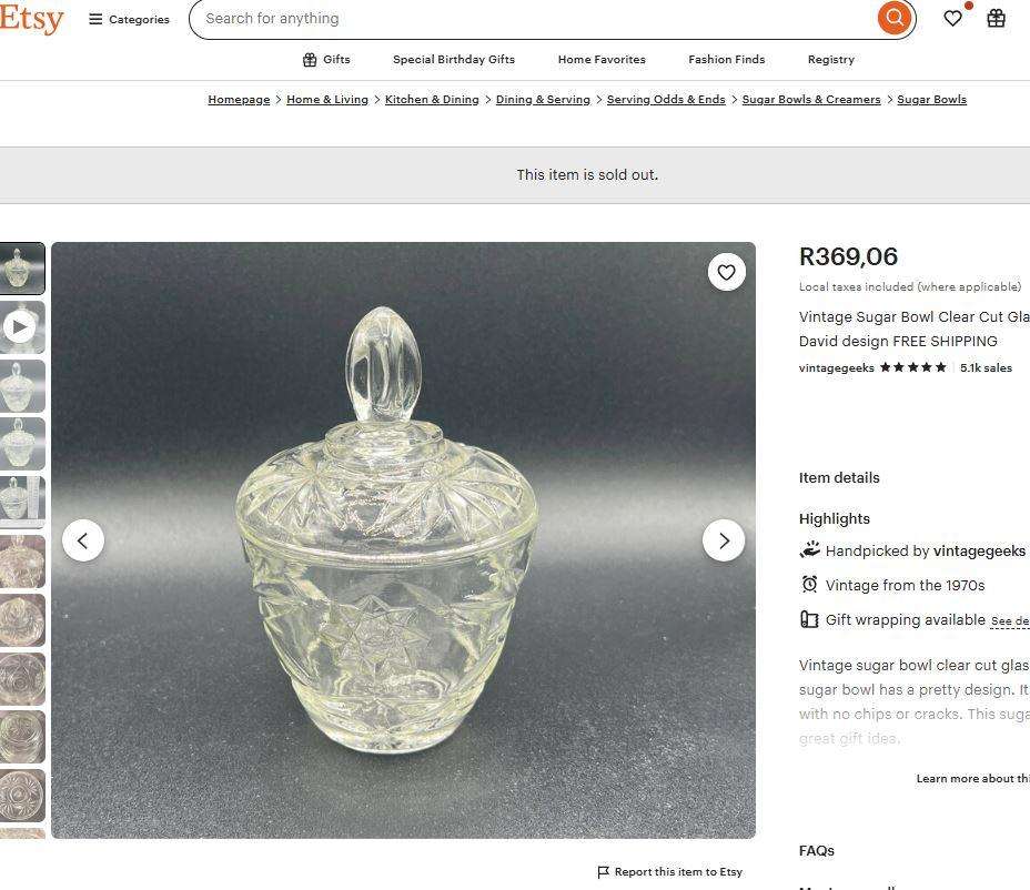 R1 Start - 1970s Vintage Pressed Glass Sugar Bowl  Art Deco Style, Star Pattern  13cm