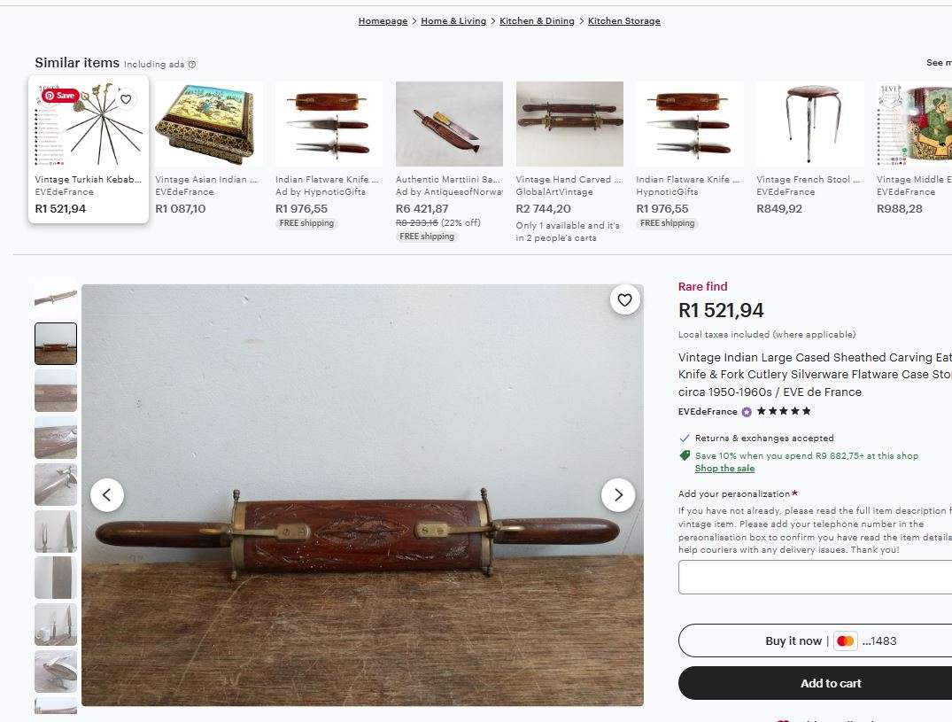 Vintage Indian Large Cased Sheathed Carving Eating Knife & Fork Cutlery Flatware Case