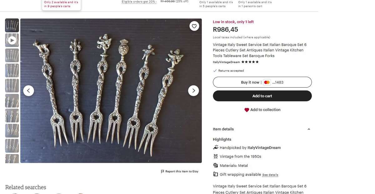 Vintage Italian Baroque Sweet Service Cutlery Set  12-Piece (6 Forks & 6 Teaspoons)  1950s