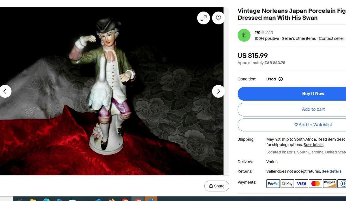 R1 Start- Vintage Norleans Japan Porcelain Figurine  Colonial Man with Swan