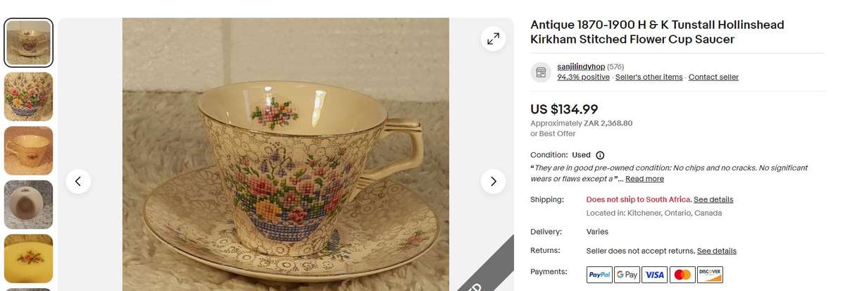 8-Piece Vintage Petit Point & Cross-Stitch Vanity Décor Set with H&K Tunstall Cup & Saucer