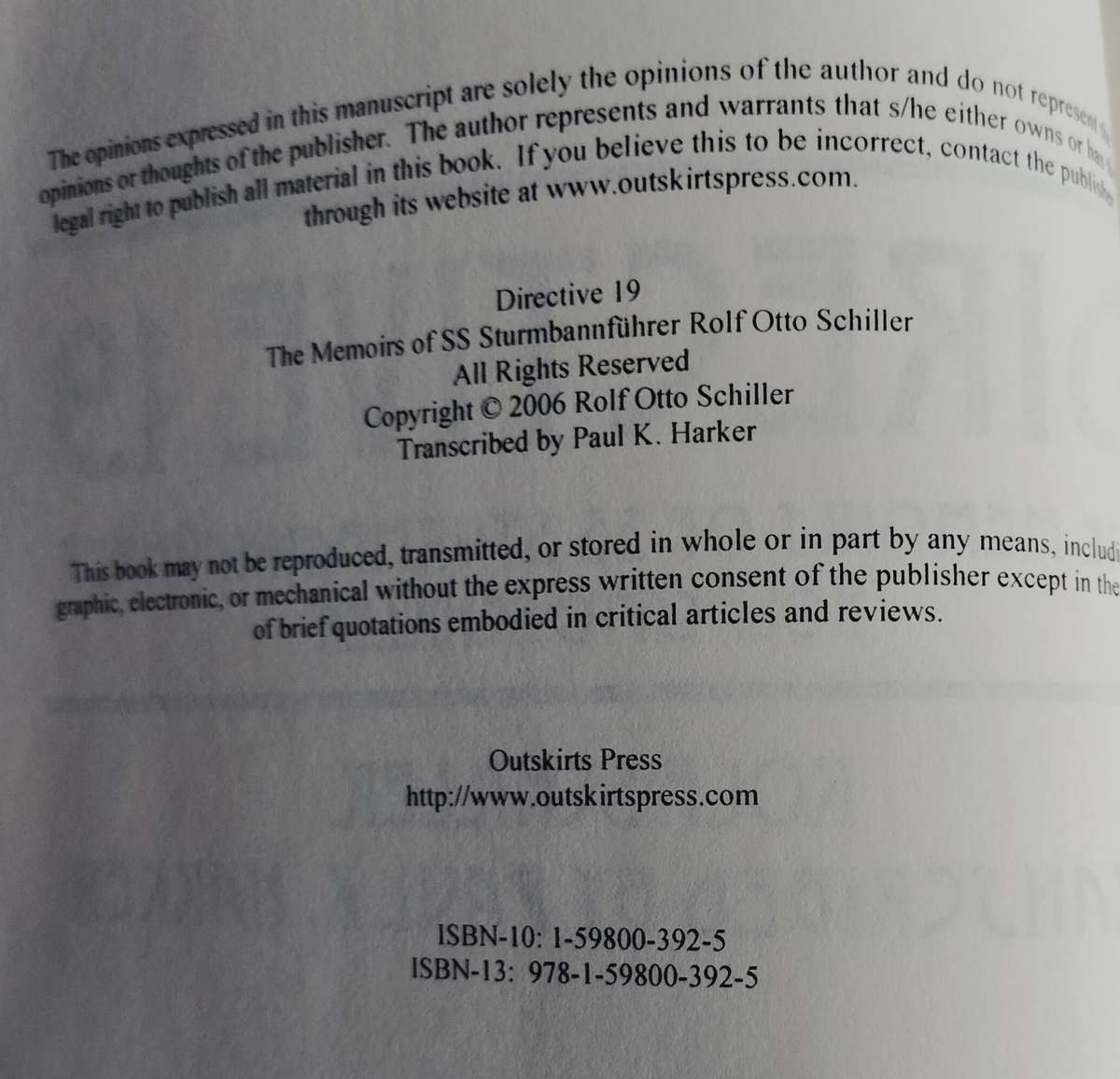 Directive 19 - The Memoirs of SS Sturmbannfuhrer Rolf Otto Schiller (2006)