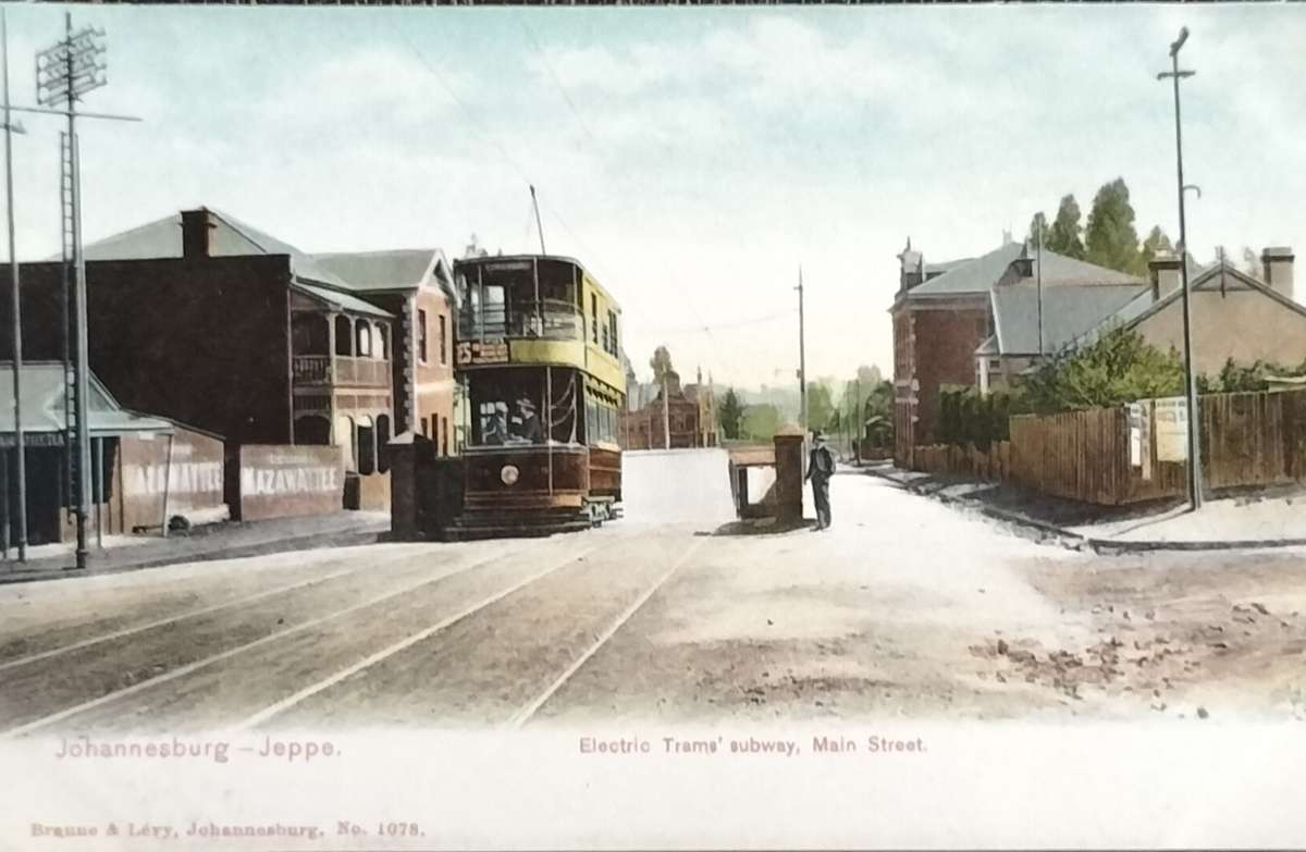 Antique Post card - Johannesburg - Jeppe Main Street - double decker electric tram