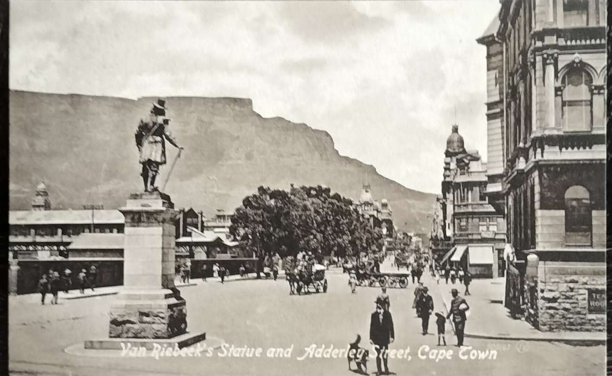 Antique Post card - Cape Town - Van Riebeek Statue and Adderley Street