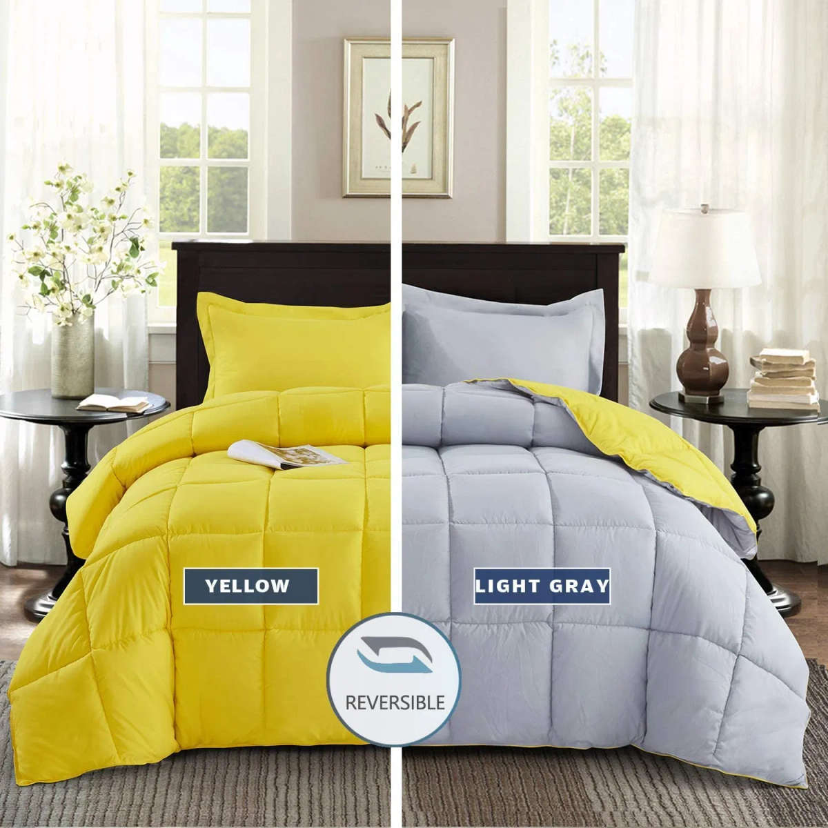 5pc Reversible Comforter Set Queen Yellow /Grey