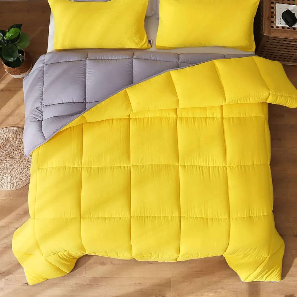 5pc Reversible Comforter Set Queen Yellow /Grey
