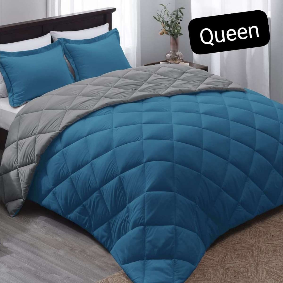 5pc Two toned Reversible Comforter Set Queen Blue / Grey